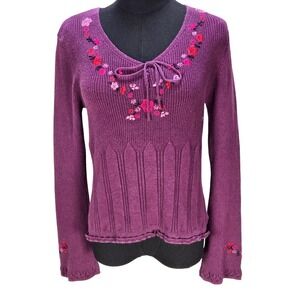 Women's Vintage Large Purple Floral Embroidered Tie Neck Ribbed Sweater Boho